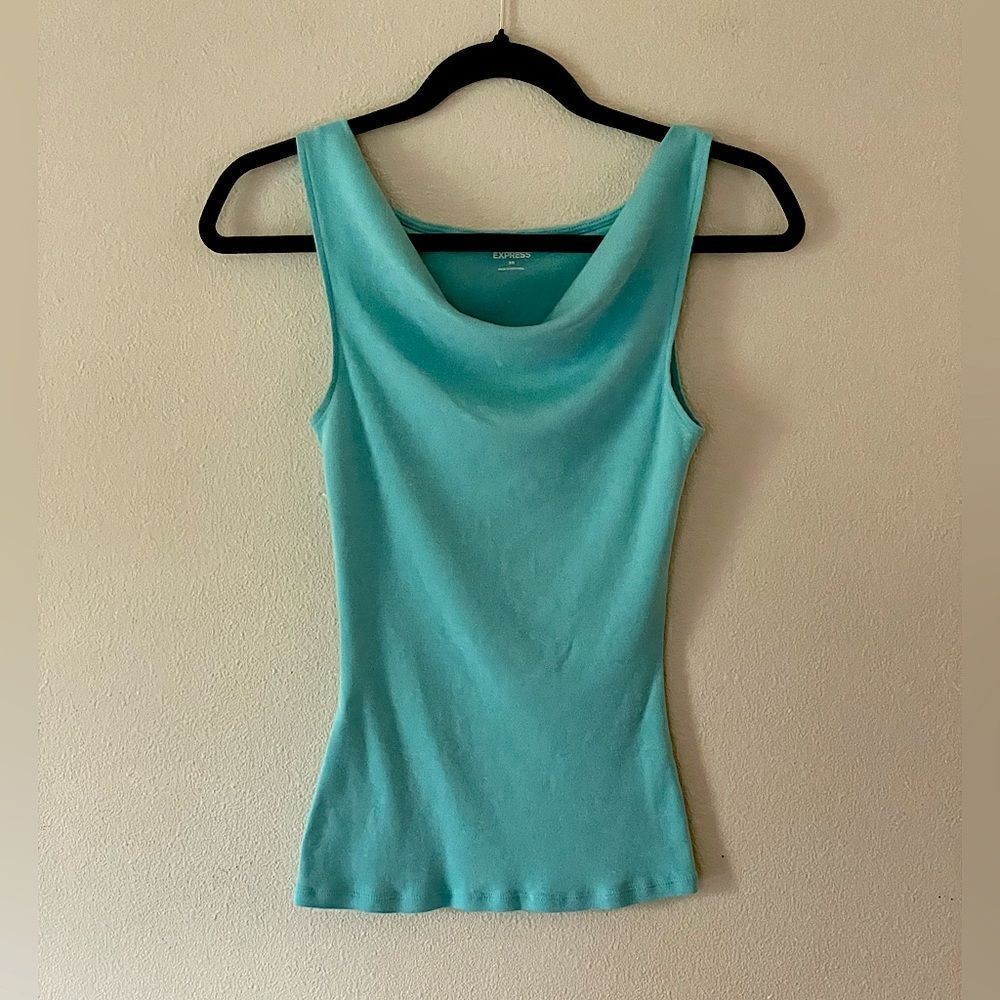 Women’s Express, Teal, Cowl-Neck, Cotton-Blend, Fitted, Sleeveless Top. Small.